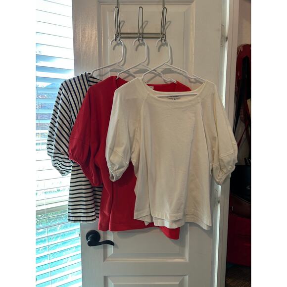 Set of 3! Free Assembly red, blue and white striped and white puff sleeve knits - Picture 1 of 12